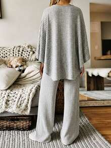 Zayélia Women's Solid Color Boat Neck Cape Sleeve Top And Pants Casual 2 Pieces Set Lounge Light Grey Autumn - Grey - View 2