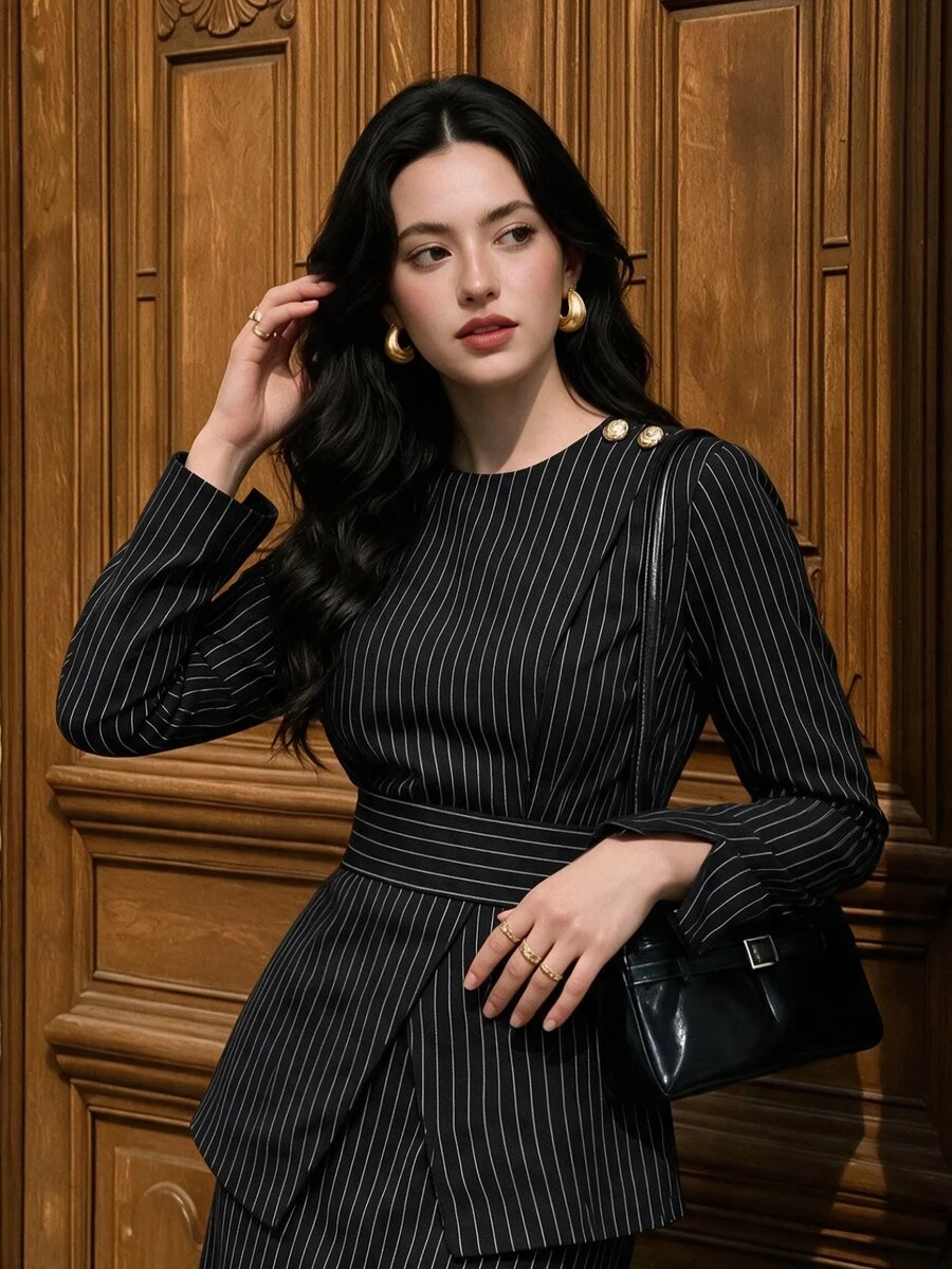 Graceveil Women's Spring/Autumn High-End Conservative Professional Elegant Slimming Black Round Neck Vertical Striped Long Sleeve Left Shoulder Metal Button Waist Belt Detachable Design Blazer