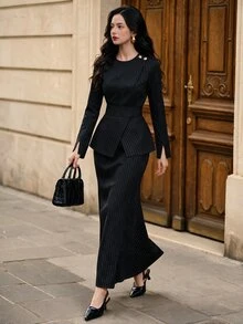 Graceveil Women's Spring/Autumn High-End Conservative Professional Elegant Slimming Black Round Neck Vertical Striped Long Sleeve Left Shoulder Metal Button Waist Belt Detachable Design Blazer - Black - View 3