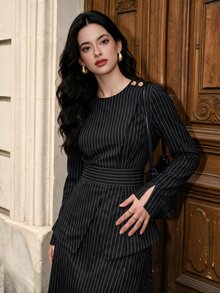 Graceveil Women's Spring/Autumn High-End Conservative Professional Elegant Slimming Black Round Neck Vertical Striped Long Sleeve Left Shoulder Metal Button Waist Belt Detachable Design Blazer - Black - View 8
