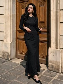 Graceveil Women's Spring/Autumn High-End Conservative Professional Elegant Slimming Black Round Neck Vertical Striped Long Sleeve Left Shoulder Metal Button Waist Belt Detachable Design Blazer - Black - View 7