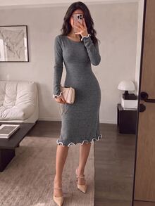 Modelyn 女款灰色中長洋裝，適合早午餐、秋季、成熟休閒風 - 灰色 - 查看 12