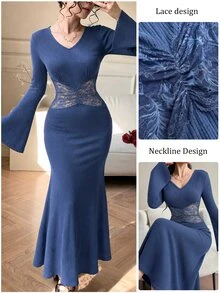 Modelyn Gaun Malam Elegan dan Sederhana untuk Wanita, Model Duyung, Leher V, Model Mengembang, Lengan Panjang, Rajutan Bergaris dengan Renda, Pinggang Tersambung, Potongan Ramping, Cocok untuk Musim Semi, Gugur, dan Musim Dingin. - Biru - View 4