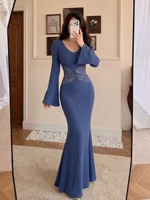 Modelyn Gaun Malam Elegan dan Sederhana untuk Wanita, Model Duyung, Leher V, Model Mengembang, Lengan Panjang, Rajutan Bergaris dengan Renda, Pinggang Tersambung, Potongan Ramping, Cocok untuk Musim Semi, Gugur, dan Musim Dingin. - Biru - View 7