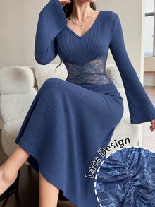 Modelyn Gaun Malam Elegan dan Sederhana untuk Wanita, Model Duyung, Leher V, Model Mengembang, Lengan Panjang, Rajutan Bergaris dengan Renda, Pinggang Tersambung, Potongan Ramping, Cocok untuk Musim Semi, Gugur, dan Musim Dingin. - Biru - View 5