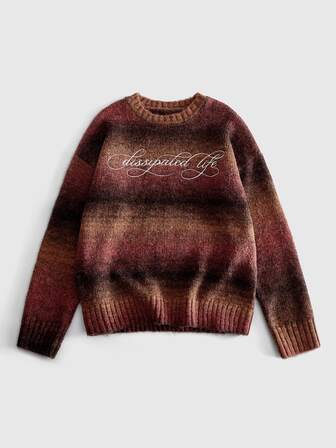 Striped Colorful Short Plush Embroidered Lettering Long Sleeve Pullover Sweater