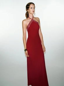 MOTF PREMIUM Party Halter Neck Backless Rhinestone Embellished Fitted Slim Long Dress Autumn/Winter - Red - View 4