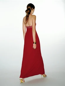 MOTF PREMIUM Party Halter Neck Backless Rhinestone Embellished Fitted Slim Long Dress Autumn/Winter - Red - View 5