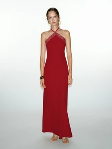 MOTF PREMIUM Party Halter Neck Backless Rhinestone Embellished Fitted Slim Long Dress Autumn/Winter - Red - View 3