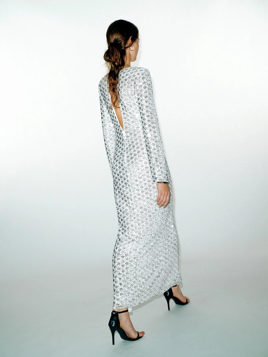MOTF PREMIUM Party Long V-Neck Fitted Sequin Slit Dress, Autumn/Winter - Silver - View 2
