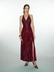 MOTF PREMIUM Party Velvet & Sequin Patchwork Deep V-Neck Halter Backless High Slit Long Dress, Autumn/Winter - Burgundy - View 3
