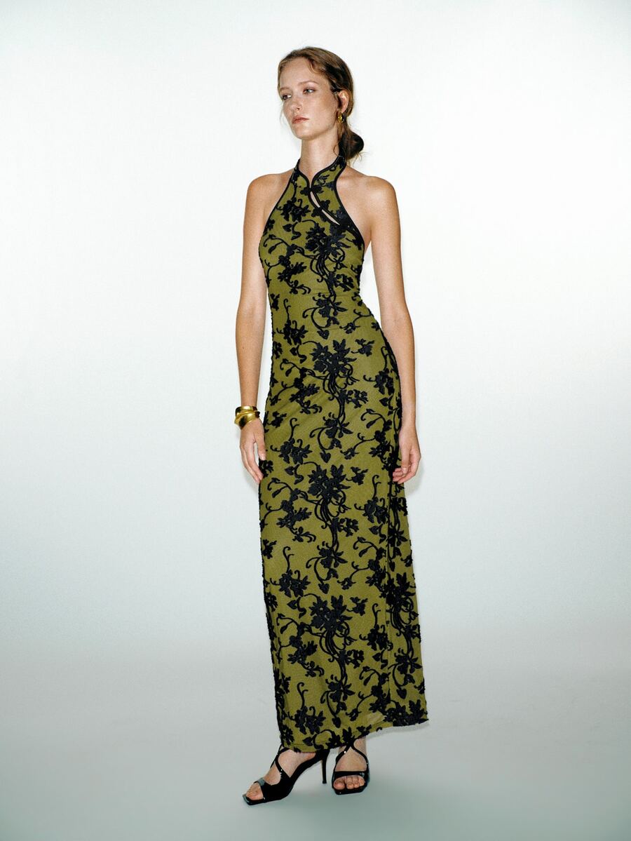 MOTF PREMIUM Contrast Trim Cheongsam Collar Jacquard Fitted Dress - Army Green - View 1