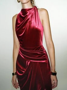 MOTF PREMIUM ELEGANT SEXY HIGH SLIT DRESS WITH STAND COLLAR STRUCTURE - Cherry Red - View 2