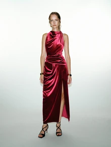 MOTF PREMIUM ELEGANT SEXY HIGH SLIT DRESS WITH STAND COLLAR STRUCTURE - Cherry Red - View 3
