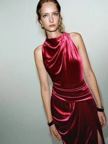 MOTF PREMIUM ELEGANT SEXY HIGH SLIT DRESS WITH STAND COLLAR STRUCTURE - Cherry Red - View 5