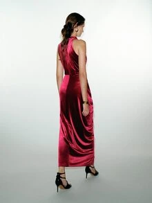 MOTF PREMIUM ELEGANT SEXY HIGH SLIT DRESS WITH STAND COLLAR STRUCTURE - Cherry Red - View 6