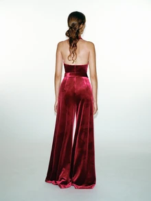 MOTF PREMIUM VELVET COWL NECK TASSEL WAIST BELT WIDE LEG JUMPSUIT - Red - View 6