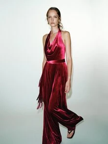 MOTF PREMIUM VELVET COWL NECK TASSEL WAIST BELT WIDE LEG JUMPSUIT - Red - View 3