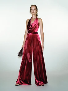 MOTF PREMIUM VELVET COWL NECK TASSEL WAIST BELT WIDE LEG JUMPSUIT - Red - View 1