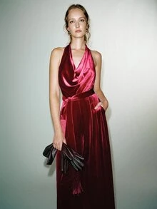 MOTF PREMIUM VELVET COWL NECK TASSEL WAIST BELT WIDE LEG JUMPSUIT - Red - View 5