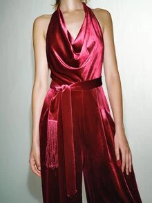 MOTF PREMIUM VELVET COWL NECK TASSEL WAIST BELT WIDE LEG JUMPSUIT - Red - View 2