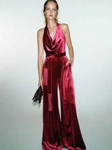 MOTF PREMIUM VELVET COWL NECK TASSEL WAIST BELT WIDE LEG JUMPSUIT - Red - View 4