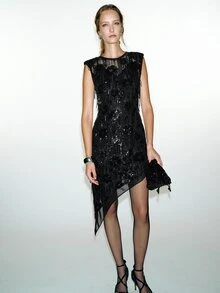 MOTF PREMIUM SLEEVELESS SEQUIN TASSEL SHORT ASYMMETRICAL HEM DRESS - Black - View 4