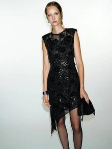 MOTF PREMIUM SLEEVELESS SEQUIN TASSEL SHORT ASYMMETRICAL HEM DRESS - Black - View 5
