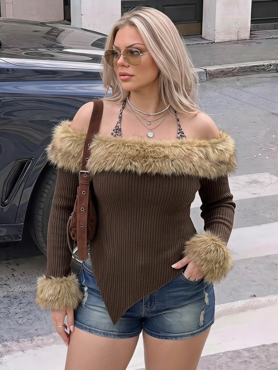 SHEIN ICON Women's Plus Size Autumn/Winter Retro Sexy Millennial Style Y2K Faux Fur Patchwork Off-Shoulder Halter Neck Faux Two-Piece Brown Brushed Ribbed Top - Brown - View 1