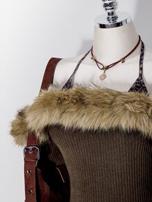 SHEIN ICON Women's Plus Size Autumn/Winter Retro Sexy Millennial Style Y2K Faux Fur Patchwork Off-Shoulder Halter Neck Faux Two-Piece Brown Brushed Ribbed Top - Brown - View 5