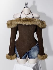 SHEIN ICON Women's Plus Size Autumn/Winter Retro Sexy Millennial Style Y2K Faux Fur Patchwork Off-Shoulder Halter Neck Faux Two-Piece Brown Brushed Ribbed Top - Brown - View 3