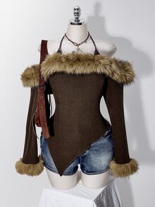 SHEIN ICON Women's Plus Size Autumn/Winter Retro Sexy Millennial Style Y2K Faux Fur Patchwork Off-Shoulder Halter Neck Faux Two-Piece Brown Brushed Ribbed Top - Brown - View 10