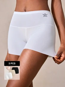 Veilyse 3pcs Women High Waist Smooth Panties, Comfortable Breathable Solid Color & Printed Design, Seamless Tummy Control, Non-Slip Shorts - Multicolor - View 1