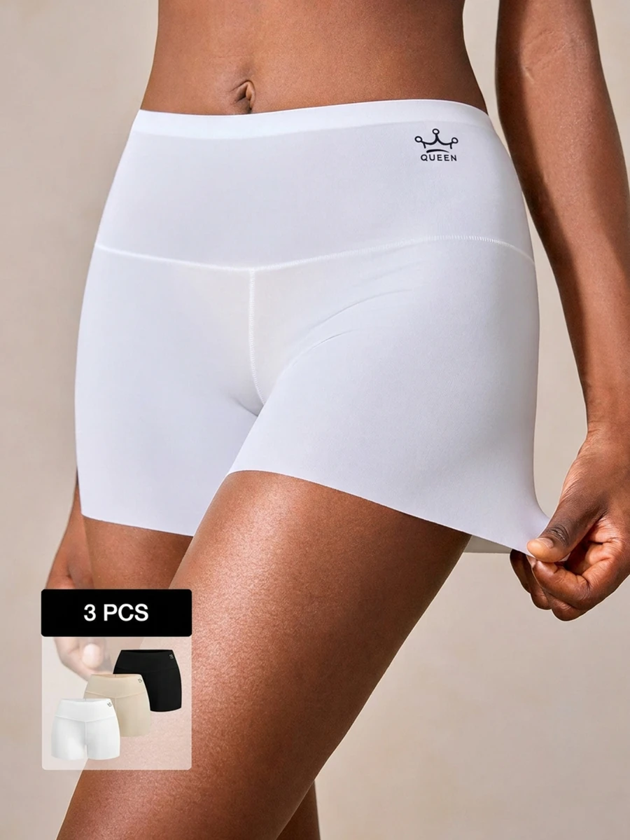 Veilyse 3pcs Women High Waist Smooth Panties, Comfortable Breathable Solid Color & Printed Design, Seamless Tummy Control, Non-Slip Shorts - Multicolor - View 1