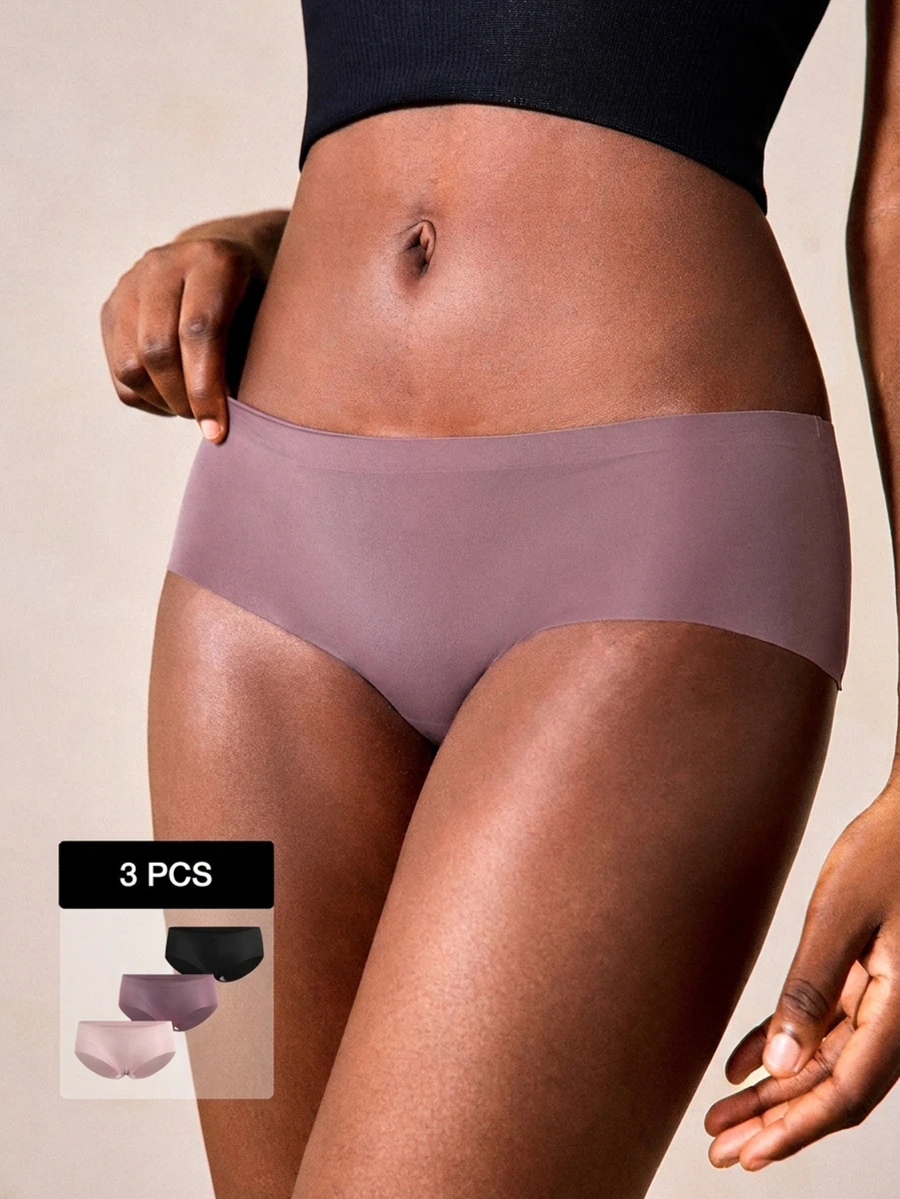 Veilyse 3 Peças Calcinhas Sem Costura de Seda Artificial para Mulheres, Calcinhas Invisíveis de Cor Sólida, Sutiã de Seda Fina e Macia de Cintura Média, Lingerie Confortável - Multicolorido - Visão 1