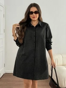 Easowa Curve 大尺碼女款條紋長袖休閒襯衫洋裝 - 黑色 - 查看 3