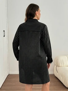 Easowa Curve 大尺碼女款條紋長袖休閒襯衫洋裝 - 黑色 - 查看 2