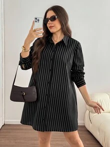 Easowa Curve 大尺碼女款條紋長袖休閒襯衫洋裝 - 黑色 - 查看 1