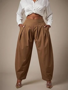 Radiana Women's Solid Color Pleated Tapered Casual Fashion Long Pants - Khaki - View 3