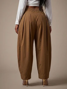 Radiana Women's Solid Color Pleated Tapered Casual Fashion Long Pants - Khaki - View 2
