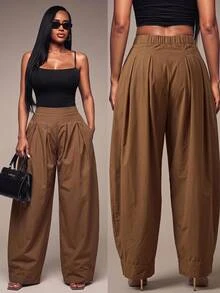 Radiana Women's Solid Color Pleated Tapered Casual Fashion Long Pants - Khaki - View 1