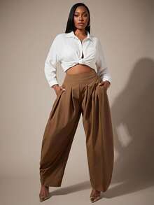 Radiana Women's Solid Color Pleated Tapered Casual Fashion Long Pants - Khaki - View 4