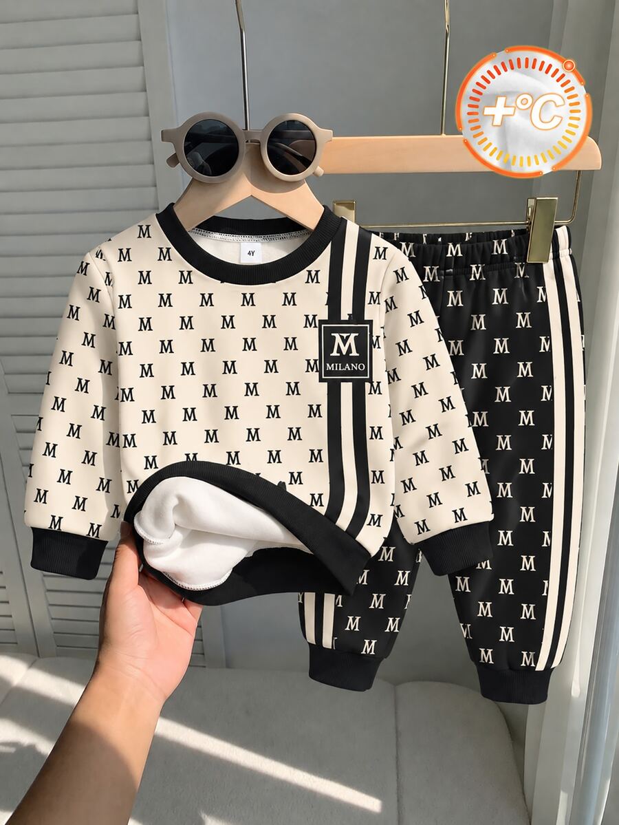 Young Boys Sweatshirt Set, Top With Beige Base Color, All-Over Black M Letter Print, Double Black Vertical Stripes Decoration On Sides, Square M Logo, Black Ribbed Collar And Cuffs, Matching Long Pants With Black Base Color, All-Over M Letter Print, Double White Stripes On Sides, Ribbed Cuffs - Multicolor - View 1
