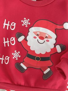 SHEIN Kids Baby Girl Santa Claus Pattern Round Neck Sweatshirt And Striped Long Pants 2 Pieces Set, Suitable For Indoor, Outdoor, Velvet, Christmas, Holiday, Party, Photo - Multicolor - View 4