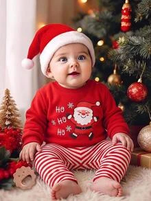 SHEIN Kids Baby Girl Santa Claus Pattern Round Neck Sweatshirt And Striped Long Pants 2 Pieces Set, Suitable For Indoor, Outdoor, Velvet, Christmas, Holiday, Party, Photo - Multicolor - View 2