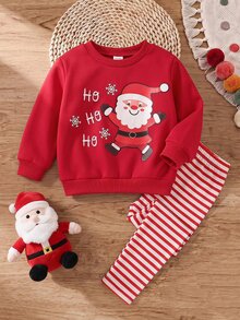 SHEIN Kids Baby Girl Santa Claus Pattern Round Neck Sweatshirt And Striped Long Pants 2 Pieces Set, Suitable For Indoor, Outdoor, Velvet, Christmas, Holiday, Party, Photo - Multicolor - View 1
