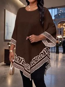 SHEIN Lady Plus Size Women's Round Neck Casual Elegant Daily Wear Shirt Party Evening Wedding Guest Brown Autumn Fall - Brown - View 3