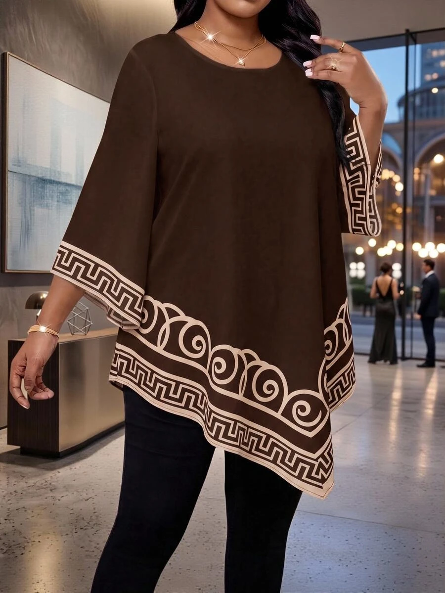 SHEIN Lady Plus Size Women's Round Neck Casual Elegant Daily Wear Shirt Party Evening Wedding Guest Brown Autumn Fall - Brown - View 1
