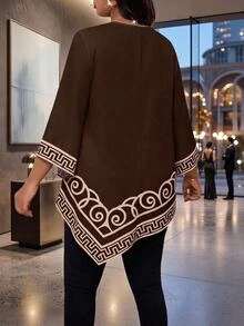 SHEIN Lady Plus Size Women's Round Neck Casual Elegant Daily Wear Shirt Party Evening Wedding Guest Brown Autumn Fall - Brown - View 2
