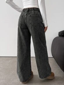 SHEIN 青少年女孩黑色牛仔刷毛內裡寬鬆長褲，秋冬款 - 黑色 - 查看 6